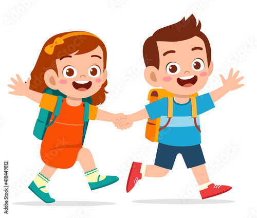 cute kid boy and girl holding hand and go to school together
