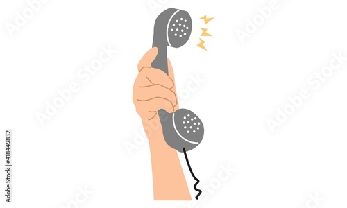 Hand holding old telephone. Vector flat illustration