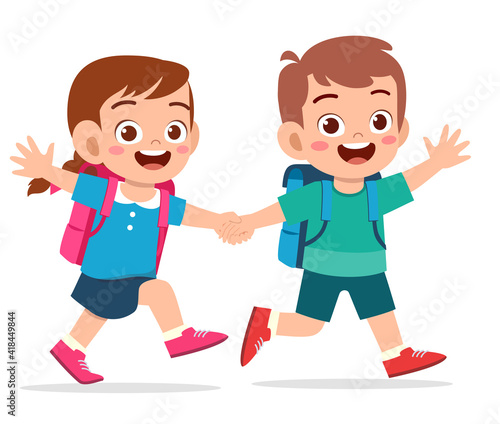 cute kid boy and girl holding hand and go to school together