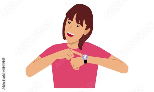 Young girl looking at watch. Vector flat illustration