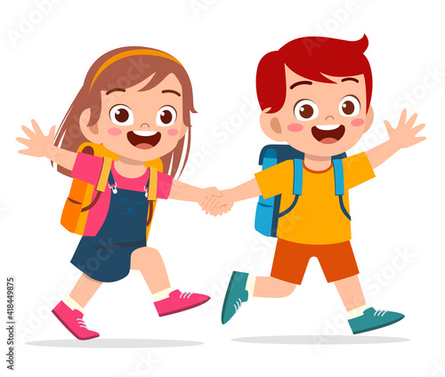 cute kid boy and girl holding hand and go to school together