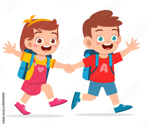 cute kid boy and girl holding hand and go to school together