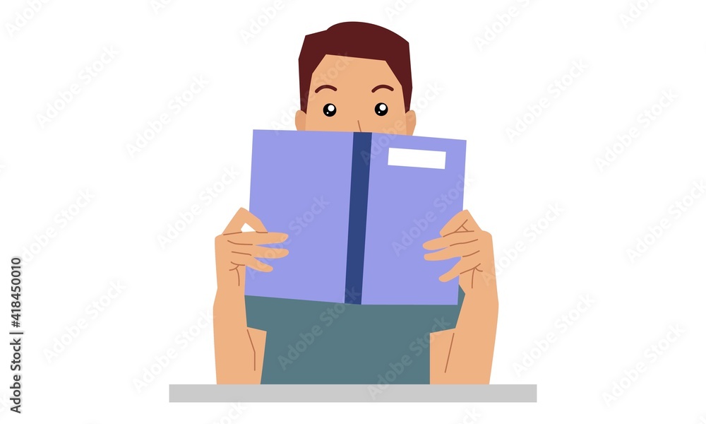 Man hiding behind book. Vector flat illustration Man hiding behind book. Vector flat illustration