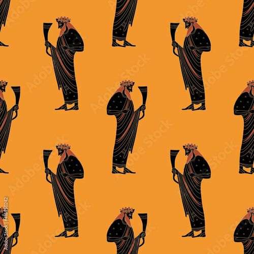 Seamless ethnic pattern with ancient Greek god Dionysus or Bacchus holding rhyton of wine. Vase painting style.