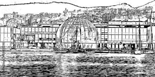 Building view with landmark of Genoa is the
city in Italy. Hand drawn sketch illustration in vector.