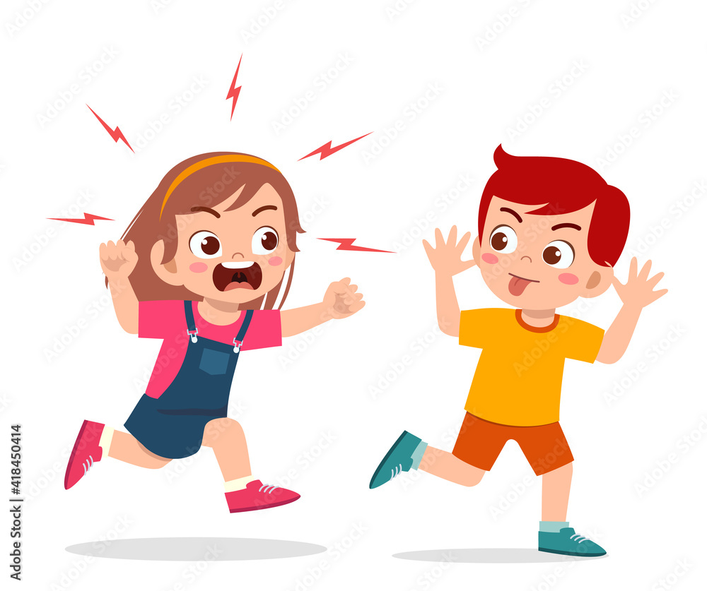 bad little boy run and show grimace face to angry friend bad little boy run and show grimace face to angry friend