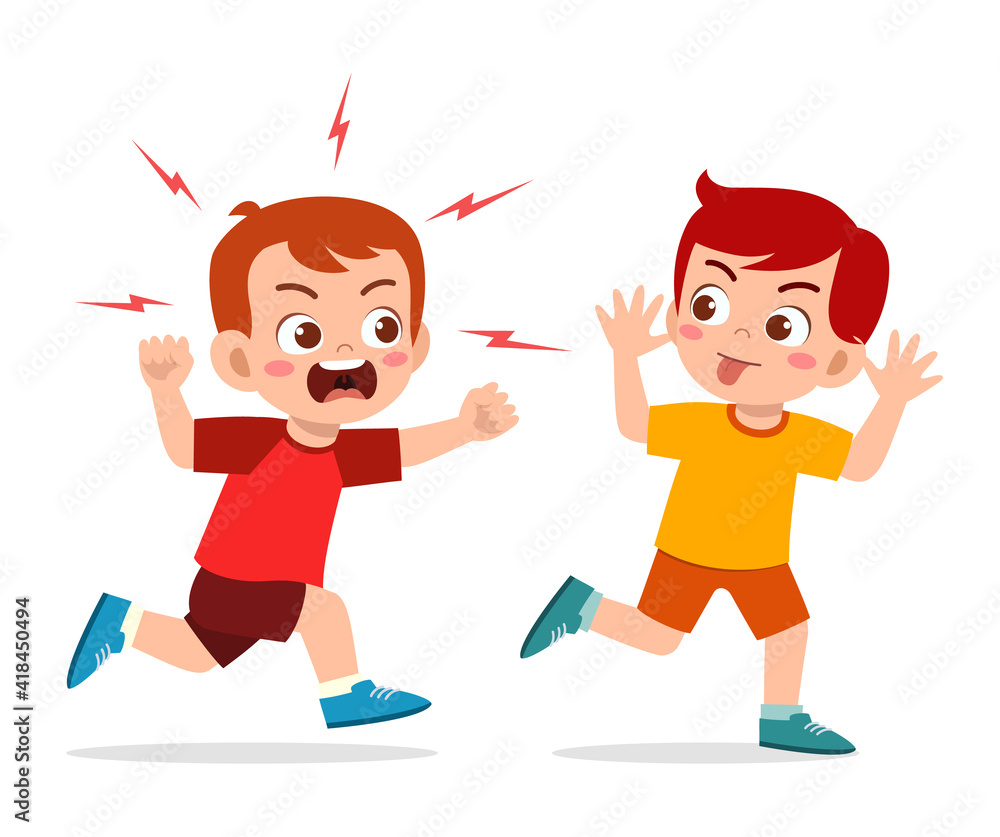 bad little boy run and show grimace face to angry friend bad little boy run and show grimace face to angry friend