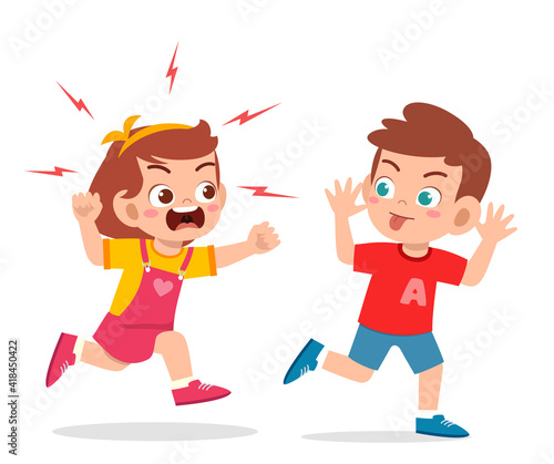 bad little boy run and show grimace face to angry friend