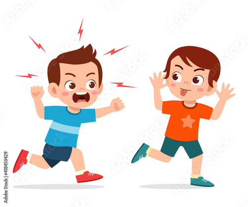 bad little boy run and show grimace face to angry friend
