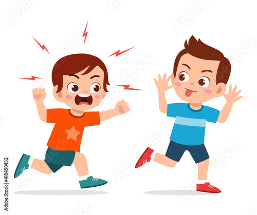 bad little boy run and show grimace face to angry friend
