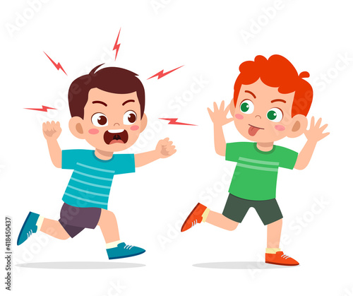 bad little boy run and show grimace face to angry friend