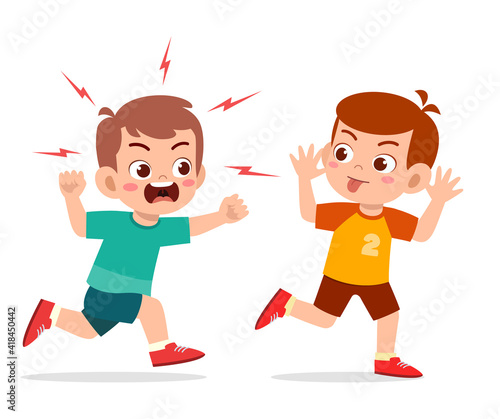 bad little boy run and show grimace face to angry friend