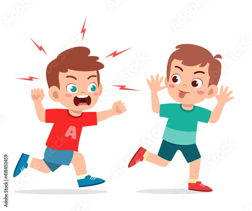 bad little boy run and show grimace face to angry friend
