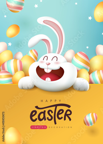 Easter greeting card background with cute rabbit and colored easter eggs. 