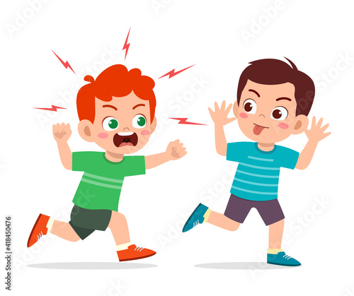 bad little boy run and show grimace face to angry friend