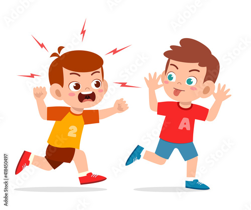 bad little boy run and show grimace face to angry friend