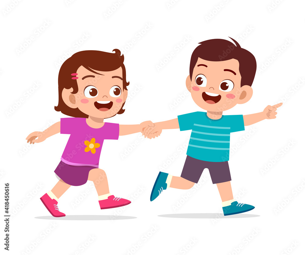cute little kid boy and girl holding hand and walking together