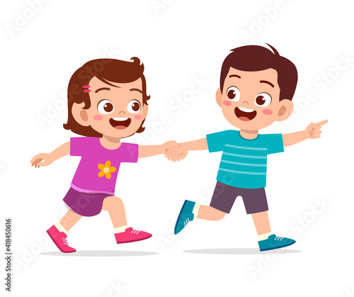cute little kid boy and girl holding hand and walking together