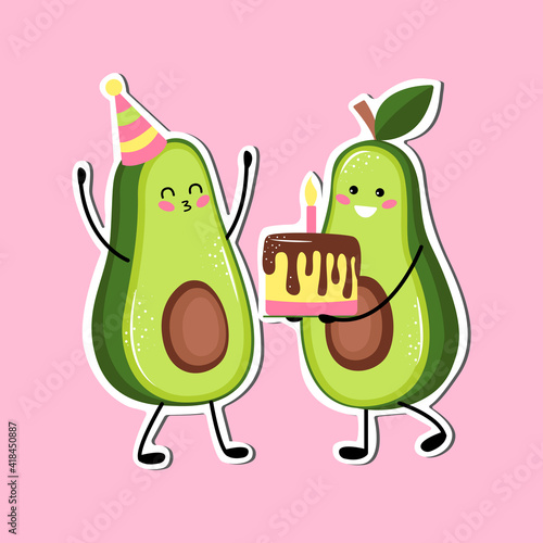 set vector illustration of cute avocado fruit or character celebrating a holiday, birthday. Cute kawaii avocado fruit. Flat cartoon style. stickers.