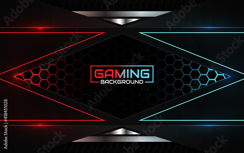 Abstract futuristic red and blue gaming background with modern esport shapes. Vector design template technology concept can use element game banner, sport poster, cyber wallpaper, web, advertising