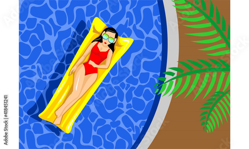 ilustrasi vector The aerial view of a woman in a bikini lying on a floating mattress in the pool. Top view of women sunbathing on inflatable mattresses by the pool.