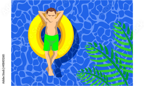 Aerial view of a man lying on a float in a pond. Top view of men sunbathing on inflatable mattresses by the pool.