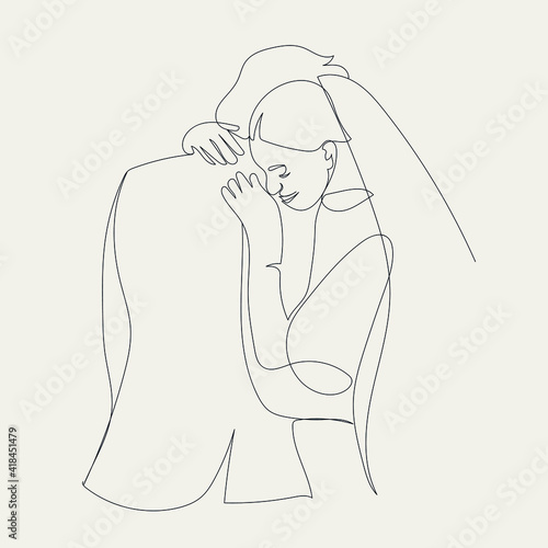 hand drawn continuous one line silhouette of bride and groom. wedding. husband and wife. woman in dress and veil hugs man.