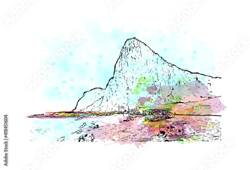 Building view with landmark of Gibraltar is a British Overseas Territory and headland. Watercolour splash with hand drawn sketch illustration in vector.