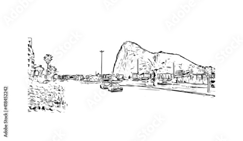 Building view with landmark of Gibraltar is a British Overseas Territory and headland. Hand drawn sketch illustration in vector.