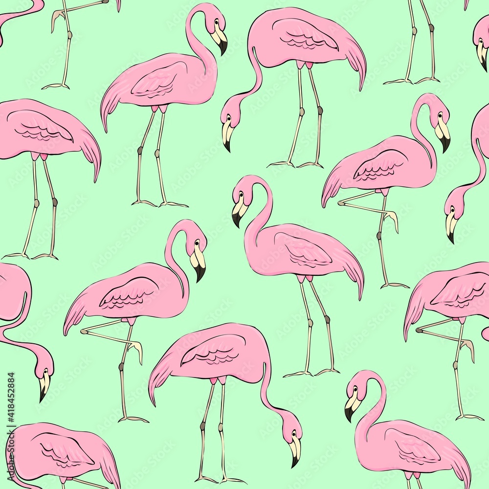 Fototapeta premium Flamingos on a background of tropical leaves and flowers. Seamless pattern. Flamingo cartoon print. Vector clipart element for design of fabric, paper, wallpaper, backgrounds.