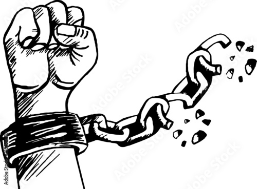 Strong hand breaking the handcuffs chain Vector illustration