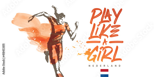 Nederland Women's Soccer National Team Vector Design. Female Player Running. Typographic Layout. Lettering Sport Logo.