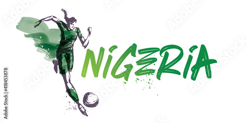 Nigeria Women's Soccer National Team Vector Design. Female Player Running. Typographic Layout. Lettering Sport Logo.