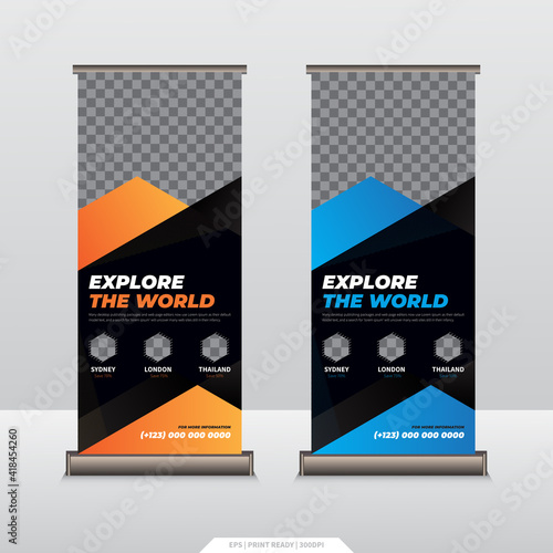 Roll up banner template. Universal roll-up banner for travel agencies or airlines. Advertisement, display, pull up, x-stand, flag-banner
