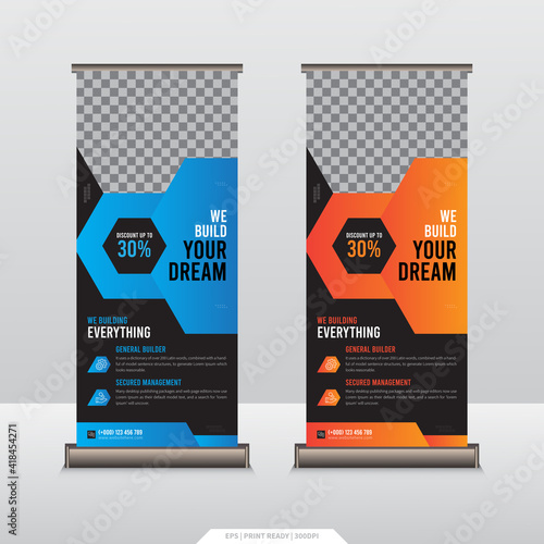 Construction Roll Up Banner Template. Construction, Builders, architecture agency Roll Up Banner Templates Vector illustration Design.