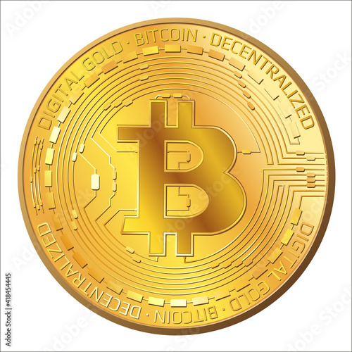Detailed golden coins Bitcoin in front view isolated on white. BTC symbol of modern digital gold and money. Vector illustration.