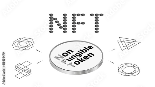 NFT word from coins non fungible tokens infographics with big isometric coin isolated on white. Pay for unique collectibles in games or art. Vector illustration.
