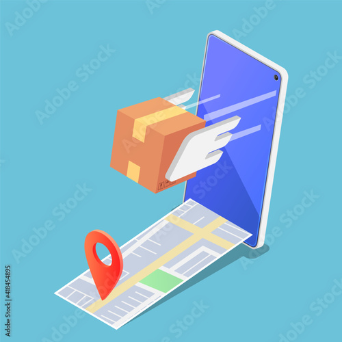 Isometric Parcels Box Flying Forward Rapidly From Smartphone with Pin on The Map