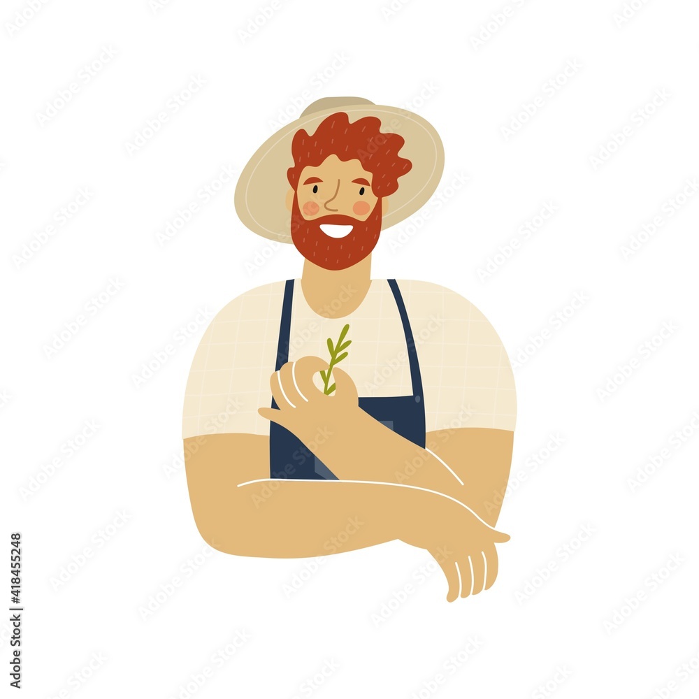 Local organic production cartoon vector illustration. Eat Local - vector print and lettering. Farmer in modern style at the farmers market.
