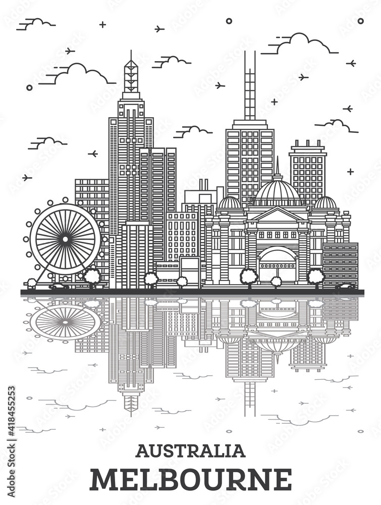 Fototapeta premium Outline Melbourne Australia City Skyline with Modern and Historic Buildings with Reflections Isolated on White.