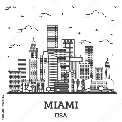 Outline Miami Florida City Skyline with Modern Buildings Isolated on White.