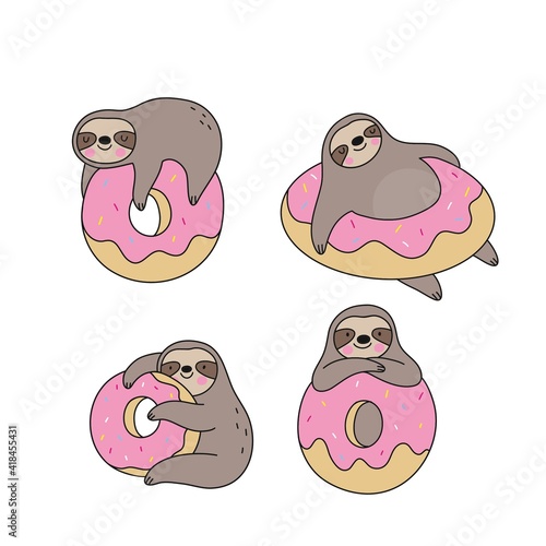 Cute cartoon sloth with sweet donut. Enamel pin kawaii sloth and donut. 