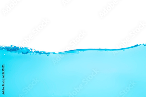 Water waves and light blue water droplets crystal clear on white background 