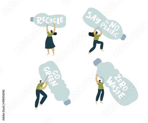 Vector flat print - People sort garbage, waste, plastic. Stop plastic vector illustration.