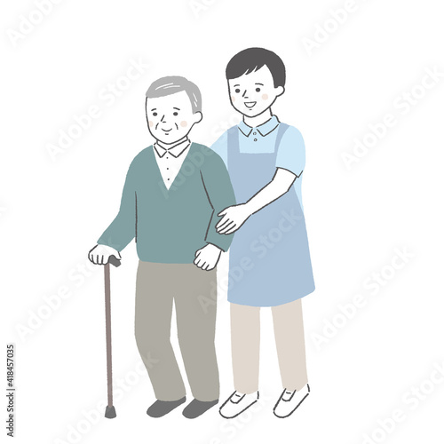 歩行介助　シニア男性／介護士