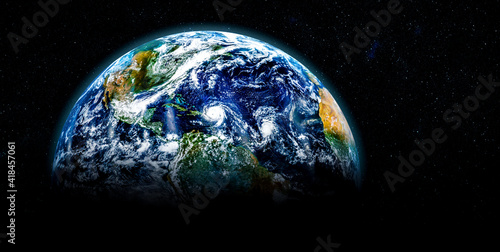 Fototapeta Naklejka Na Ścianę i Meble -  Planet earth globe view from space showing realistic earth surface and world map as in outer space point of view . Elements of this image furnished by NASA planet earth from space photos.