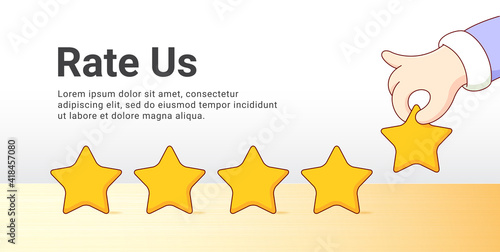 Customer satisfaction review five rating stars feedback concept design. banner give rating online shop taxi booking transportation mobile application concept. rate us give 5 stars. vector illustration