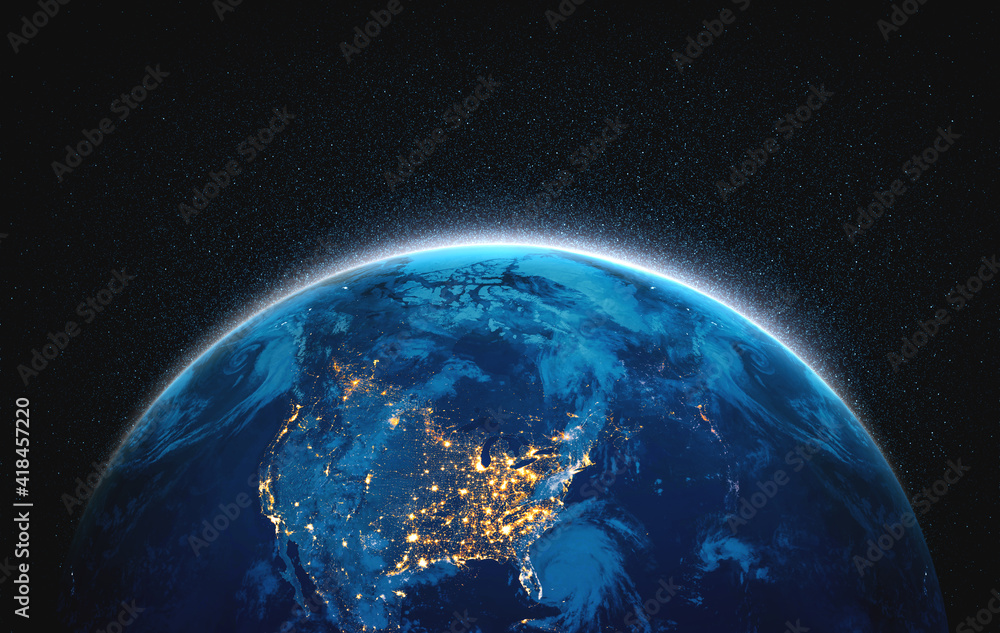 Fototapeta Planet earth globe view from space showing realistic earth surface and world map as in outer space point of view . Elements of this image furnished by NASA planet earth from space photos.