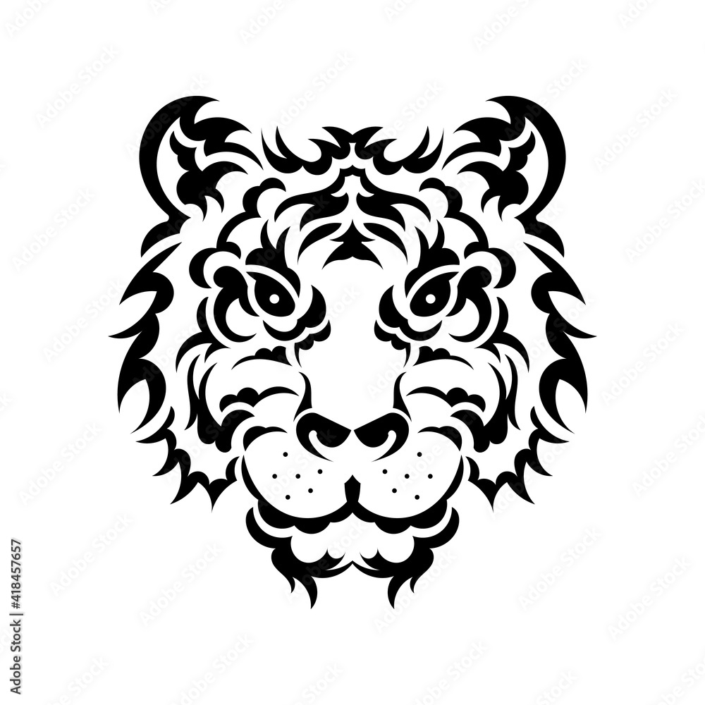 The tiger's face is made up of patterns. Lion tattoo isolated on white background. Vector illustration. The tiger's face is made up of patterns. Lion tattoo isolated on white background. Vector illustration.