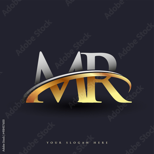 MR initial logo company name colored gold and silver swoosh design, isolated on white background. vector logo for business and company identity.